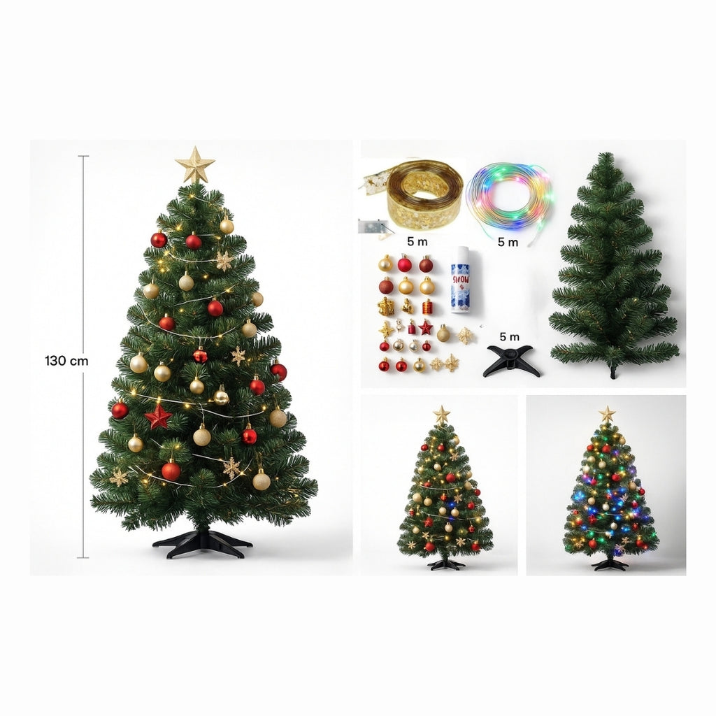 Yılbaşı Çam Ağacı Dekor Seti – LED Işık + Süsler + Kar Spreyi