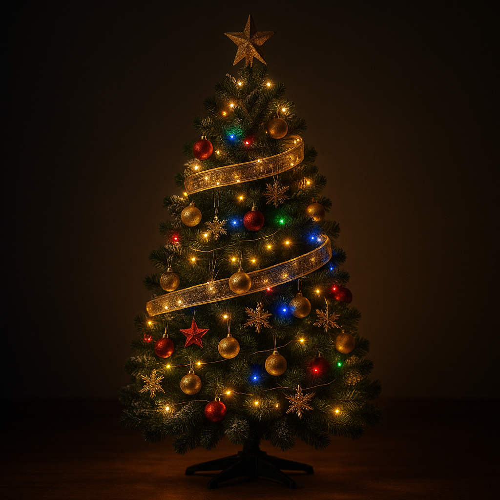 Yılbaşı Çam Ağacı Dekor Seti – LED Işık + Süsler + Kar Spreyi